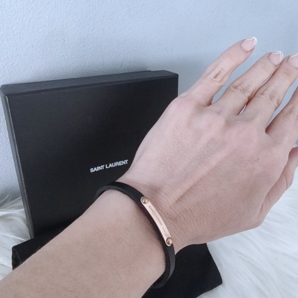 Yves Saint Laurent leather bracelet gold-tone plaque full set dust bag box EUC - Picture 4 of 9